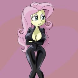 1girls ashamed big_breasts bodysuit breasts cleavage equestria_girls female fluttershy_(eg) fluttershy_(mlp) hourglass_figure leather leather_clothing long_hair my_little_pony pink_hair stammis yellow_body