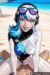 1girl1boy ai_generated beach beach_umbrella blue_eye blue_eyeshadow blue_hair blue_lips blue_lipstick bracelet cowgirl_position female headphones heterochromia implied_sex looking_at_viewer luna_snow luna_snow_(cool_summer) luna_snow_(marvel_rivals) makeup marvel marvel_rivals medium_breasts medium_hair multicolored_bodysuit multicolored_hair ocean omega_weirdo orange_eye patreon pov pov_sex sand sex smile smiling smiling_at_viewer straddling sunglasses sunglasses_on_head swimsuit white_hair