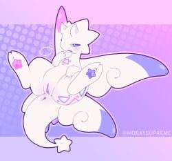 anthro anus ass asteria_(cakebird) blush digital_media_(artwork) dragon fan_character female generation_4_pokemon genitals horn looking_at_viewer moraysupreme mythological_creature mythological_scalie mythology nintendo nonbinary_(lore) nude open_mouth pawpads pokemon pokemon_(species) scalie simple_background smile solo spread_legs spread_vulva spreading tail togekiss vulva white_body wings