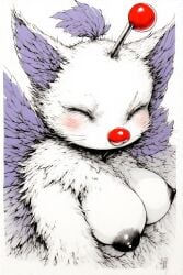 1girls ai ai_generated antennae_(anatomy) black_nipples breasts cat_ears close-up close_up closed_eyes female female_focus female_only final_fantasy moogle nipples quinzo11 red_nose self_upload square_enix whiskers white_background white_fur wings