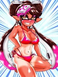 1girls bikini blush callie_(splatoon) earrings long_hair mazuo917 mole navel pink_bikini side-tie_bikini side-tie_bikini_bottom splatoon tan_body tanline tentacle_hair two_tone_hair yellow_eyes