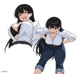 :d ^_^ arato_nagi arms_behind_back artist_name belt bent_over black_bra black_hair blue_pants bra breasts brown_belt cleavage closed_eyes collared_shirt commentary cropped_legs denim dress_shirt earrings english_commentary feet_out_of_frame female highres jeans jewelry large_breasts long_hair looking_down multiple_views nagi_arato open_mouth pants pants_rolled_up partially_unbuttoned ruri_no_houseki ruri_rocks shirt shirt_tucked_in simple_background smile stud_earrings tsunoart underwear white_background