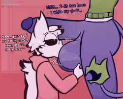 anthro ball_fondling ball_suck ball_worship balls big_balls big_penis body_worship dialogue duo euphorica fondling genital_worship genitals hi_res male male/male moki_(mokimonky) nacho_(nachokokoni) oral penis sex sucking text