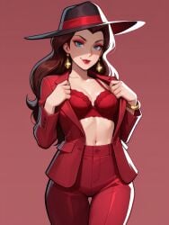 1girls, ai_generated black blazer, blue bra, bracelet, brown clothes, earrings, eyes, eyeshadow, female female, formal, gold hair, hat headwear, heels,blazer, high lapels, lipstick, long makeup, only, open pants, pauline red ribbon, shirt, sleeves,red solo, solo_female suit,