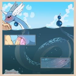blue_body bodily_fluids cold-blooded-twilight dragonair duo erection female feral generation_1_pokemon genitals hi_res horn human human_on_feral interspecies larger_female larger_feral male mammal multicolored_body nintendo oral oral_penetration penetration penile penile_penetration penis pokemon pokemon_(species) pokephilia pussy red_eyes saliva serpentine sex side_view size_difference smaller_human smaller_male tongue underwater vulva water white_body zoophilia