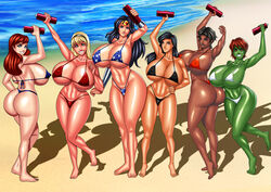 6girls abs ass barbara_gordon barefoot batgirl batman_(series) beach bikini bottle breasts cleavage clothed cssp dark-skinned_female dark_skin dc dc_comics furry gigantic_breasts green_skin huge_ass huge_breasts killer_lotion lotion miss_martian muscular_female naughty_face seductive seductive_smile smile sunscreen supergirl swimsuit thick_thighs vixen_(dc) wonder_woman wonder_woman_(series) zatanna