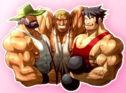 2014 3boys arms_behind_head bara black_hair blonde_hair blue_hair bodybuilder bracelet character_request gay grin looking_at_viewer male male_only muscular nipples pink_background red_tank_top simple_background tagme tank_top veiny_arms white_outline white_tank_top wink yaoi yuraaka