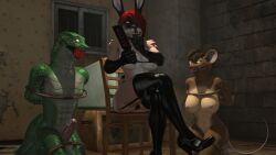 16:9 3d_(artwork) anthro arms_tied armwear ball_gag bondage bondage bound bra breasts brown_body brown_fur brown_hair chair choker clothing digital_media_(artwork) dominatrix electronics erection evil_grin female footwear fur furniture gag gagged genitals gesture green_body green_scales group hair hand_gesture hi_res high_heels holding_object holding_paddle iris_(thevestige) jewelry kneeling lagomorph latex latex_armwear latex_bra latex_clothing latex_legwear latex_panties latex_underwear legs_tied legwear leporid looking_at_viewer male mammal multicolored_body multicolored_fur murid murine navel necklace nipples nude nude_anthro nude_female nude_male on_chair paddle panties penis purple_eyes rabbit rabbit_(petruz) rat rat_(petruz) red_hair reptile restraints rodent rope rope_bondage scales scalie scared shoes shush sitting sitting_on_chair smile snake snake_(petruz) source_filmmaker_(artwork) television thevestige trio underwear widescreen yellow_eyes