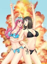 2girls alluring bikini bouquet_(super_sentai) brown_hair cleavage ichikawa_sumino iwa medium_breasts no.1_sentai_gozyuger pink_eyes pink_hair purple_eyes super_sentai swimsuit