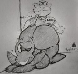 1boy 1girls 2_horns against_wall armor armored_female artist_signature ass_against_wall black_and_white black_armor black_body burgerpants cigarette clothing deltarune dess_holiday fat_ass female furry grey_sclera hat heart_symbol helmet horns male monochrome pencil_(artwork) rand0m_293 roaring_knight shoulder_pads simple_background smiling smoking smoking_cigarette uniform