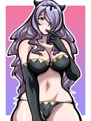 1girls ass_visible_through_thighs bare_thighs black_panties bra breasts camilla_(fire_emblem) cleavage elbow_gloves female female_only fire_emblem fire_emblem_fates gloves hair_over_one_eye horns inabakun00 long_hair long_purple_hair medium_breasts nintendo panties pink_eyes purple_hair purple_hair_over_one_eye solo thighs underwear very_long_hair