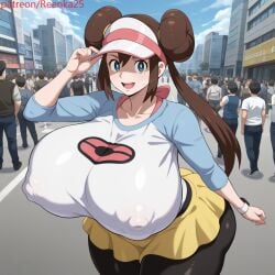 1girls ai ai_generated black_pantyhose blue_eyes blue_sleeves brown_hair city crowd day double_bun dratvan_(style) female grabbing grabbing_hat long_hair open_mouth outdoors pantyhose pokemon pokemon_bw pokemon_bw2 raglan_sleeves reenka25 rosa_(pokemon) smile twintails visor_cap white_shirt yellow_skirt