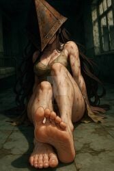 cleavage dirty dirty_clothing dirty_skin face_hidden feet feet feet_focus foot_fetish foot_focus foot_worship helmet helmet_covering_face hidden_face konami pyramid_head rule63 rule_63 scarlethblood silent_hill silent_hill_2 soles soles_fetish toes video_game_character video_games wrinkled_feet wrinkled_soles