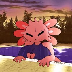 amphibian animated animated_gif anthro axolotl big_breasts bouncing_breasts breasts clothing female gif hi_res marine mole_salamander oxyoxyoxyox salamander solo swimming_pool swimwear wardrobe_malfunction