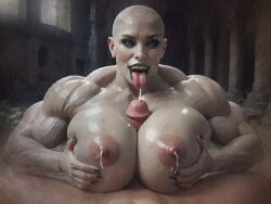 1ambiguous 1girls ai_generated ambiguous_gender bald breasts claws cum_between_breasts cum_outside ejaculation ejaculation_between_breasts eyeshadow faceless_ambiguous fangs green_eyes green_lipstick green_nail_polish grey-skinned_female lactation light-skinned lipstick massive_breasts monster_girl muscular_female oc oiled oiled_body oiled_skin original_character paizuri penis pierced_ears piercing pov ruins titfuck titjob tongue_out