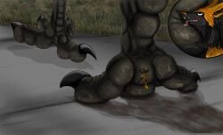 ambiguous_gender anthro avian barefoot bird bodily_fluids corvid corvus_(genus) crow dirty dirty_feet duo extreme_size_difference feet foot_fetish foot_focus footprint hi_res micro oscine passerine raven sergal sioninel size_difference stuck_to_foot sweat sweaty_feet talas talons toes tongue tongue_out underfoot walking