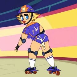 ai_generated bodysuit canon_genderswap cartoon_network cum cum_on_ass helmet jawbreaker_joni johnny_test johnny_test_(series) roller_skates rule_63 solo standing warner_brothers