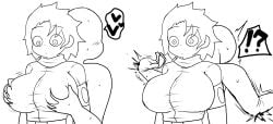 1boy 1female 1girls big_breasts black_and_white blush breasts cleavage clothed clothing enigi09 erika_(enigi09) expressionless faceless_male female male monochrome oc original original_character tagme