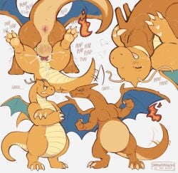 anthro ass balls bodily_fluids breed charizard cum dangodragon digital_media_(artwork) dragon dragonite duo erection fire from_front_position generation_1_pokemon generation_4_pokemon genital_fluids genitals hi_res male male/male male_penetrated male_penetrating male_penetrating_male mating_press mythological_creature mythological_scalie mythology nintendo nude orange_body penetration penis pokemon pokemon_(species) scalie sex simple_background tail text wings