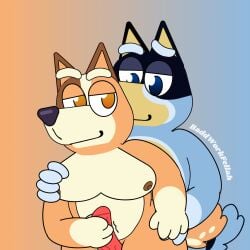 andromorph anthro baddworkfella69 bandit_heeler bluey_(series) canid canine canis chilli_heeler domestic_dog duo female female/female genitals handjob intersex male male/female male/male mammal penile penis sex slightly_chubby