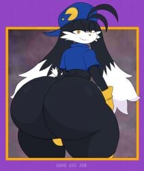 2025 anthro ass bandai_namco bedroom_eyes big_butt black_body black_ears black_fur black_hair black_tail blue_clothing blue_crop_top blue_hat blue_headwear blue_shirt blue_topwear bulge clothing crop_top digital_media_(artwork) domestic_cat english_text felid feline felis femboy fur gloves hair half-closed_eyes handwear hat headgear headwear hi_res hybrid klonoa klonoa_(series) lagomorph leporid long_ears looking_at_viewer looking_back male mammal multicolored_body multicolored_ears multicolored_fur narrowed_eyes orange_eyes pac-man pac-man_(series) pink_nose presenting presenting_hindquarters rabbit rear_view samucafujiwara seductive shirt short_tail smile solo tail text thick_thighs thong three-quarter_view topwear two_tone_body two_tone_ears two_tone_fur two_tone_hat underwear white_body white_ears white_fur white_tail yellow_clothing yellow_gloves yellow_handwear yellow_hat yellow_headwear yellow_thong yellow_underwear