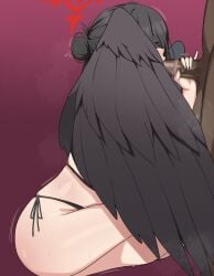 1boy 1girls bikini black_bikini black_hair black_wings blue_archive chihel dark-skinned_male dark_skin fellatio female hair_bun halo hasumi_(blue_archive) hasumi_(swimsuit)_(blue_archive) highres interracial korean_commentary lipstick_mark lipstick_mark_on_penis male oral oversized_wings penis red_halo straight swimsuit textless_version wings