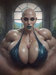 1ambiguous 1girls ai_generated ambiguous_gender bald bald_female bikini black_sclera breasts cum_between_breasts cum_outside ejaculation ejaculation_between_breasts eyeshadow faceless_ambiguous green_eyes green_lipstick grey-skinned_female light-skinned lipstick massive_breasts monster_girl muscular_female oc oiled oiled_body oiled_skin original_character paizuri penis pierced_ears piercing pov ruins titfuck titjob