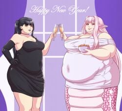 2girls black_hair champagne female female_only lamia meatpedal monster_girl new_year original original_character pink_hair pink_scales snake snake_tail yuri