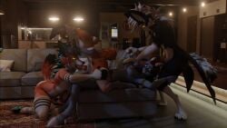 3d_(artwork) absurd_res anal anal_sex anthro bodily_fluids bovid breast_grab breasts canid canine caprine digital_media_(artwork) fellatio female femboy fox futanari genital_fluids genitals goat group hand_on_breast handjob hi_res horn intersex intersex/male lagomorph male male/male mammal masturbation on_bottom on_top oral penetration penile penis precum rabbid_foulfellow_(sanythefox) reverse_cowgirl_position rose_(rosethegoat) sany_van_fox sanythefox sex sol_heylyn_(sanythefox) wings wolpertinger