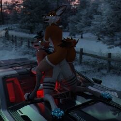 3d_(artwork) anal anal_sex anthro balls bodily_fluids canid canine car cum cum_in_ass cum_inside cum_on_balls cyberpunk digital_media_(artwork) duo femboy fox genital_fluids genitals hi_res horn lagomorph male male/male mammal outside_sex penetration penis rabbid_foulfellow_(sanythefox) sany_van_fox sanythefox sex vehicle wings wolpertinger