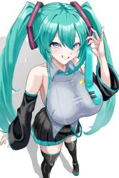 1girls alternate_breast_size_(larger) aqua_eyes aqua_hair aqua_necktie bare_shoulders black_boots black_skirt black_sleeves black_thighhighs boots breasts clenched_teeth detached_sleeves female female_only grey_shirt hatsune_miku highres kamizin large_breasts long_hair looking_at_viewer necktie pleated_skirt shadow shirt skirt smile standing teeth thighhighs twintails very_long_hair
