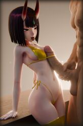 1boy 1girls 3d belly_button bikini breasts dkclaude3d fate/grand_order fate_(series) female gold_bikini golden_week height_difference horns light-skinned_female light-skinned_male light_skin male medium_breasts monster_girl naizuri oni oni_female oni_horns paizuri penis purple_eyes purple_hair shuten_douji_(fate) size_difference swimsuit tongue tongue_out