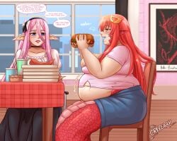 2girls bbw belly chair chubby chubby_female creaking eating fat_fetish female lamia meatpedal meroune_lorelei miia_(monster_musume) monster_girl monster_musume_no_iru_nichijou pizza pizza_box side_view snake snake_girl snake_tail weight_gain weight_gain_sequence window