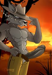 abs anthro biceps clothed clothing desert drake_(disambiguation) erection feline furry furry_only grin hat l-tech-e-coyote-l looking_at_viewer lynx male male_focus male_only mammal muscular no_humans outback penis smile solo sun sunset thizorak topless vein