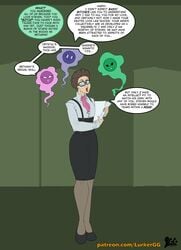 1girls 4girls age_difference bimbo bimbofication dialogue female female_only fully_clothed ghost glasses haunted high_heels implied_death implied_snuff lurkergg multiple_girls no_sex office_lady skirt text tight_clothing transformation wrinkles yandere