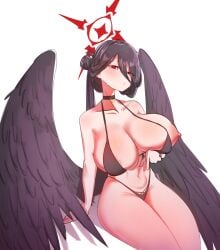 1girls areola belly_button bikini black_bikini black_hair blue_archive blush breasts deliriumz666_(deliriums666) female female_only halo hasumi_(blue_archive) huge_breasts inviting justice_task_force_(blue_archive) looking_at_viewer nipple red_eyes seductive simple_background solo swimsuit trinity_general_school_student voluptuous white_background wings