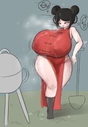 asian asian_female breasts cheongsam chinese_clothes female female_only large_breasts shovel sweat thick_thighs thighs