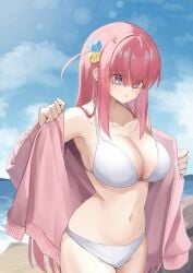 absurdres armpits beach bikini blue_eyes blue_sky bocchi_the_rock! breasts cleavage closed_mouth cloud collarbone commentary_request cowboy_shot cube_hair_ornament day dot_nose eyes_visible_through_hair female gotoh_hitori gotou_hitori hair_ornament hair_over_eyes highres jacket large_breasts light_blush long_bangs long_hair long_sleeves looking_down navel ocean open_clothes open_jacket outdoors partial_commentary pink_hair pink_jacket removing_jacket rock sand sky solo standing stomach straight_hair swimsuit toki_kimagure very_long_hair white_bikini
