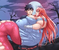 1boy 1girls bbw belly chubby chubby_female female holding_partner kurusu_kimihito lamia male meatpedal miia_(monster_musume) monster_girl monster_musume_no_iru_nichijou moon night princess snake snake_girl snake_tail