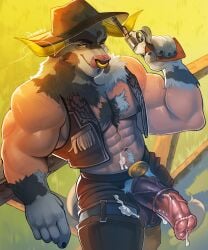 absurd_res animal_genitalia animal_penis animal_print anthro balls big_penis biped bodily_fluids bovid bovine cattle clothing cow_print cowboy_hat cowboy_outfit cum cum_on_penis deeeems equid equine equine_genitalia equine_penis european_mythology facial_piercing frenum_ladder frenum_piercing genital_fluids genital_piercing genitals greek_mythology gun handgun hat headgear headwear hi_res hybrid ladder_piercing male male_anthro mammal medial_ring minotaur muscular muscular_anthro muscular_male mythology nose_piercing nose_ring penis penis_piercing piercing ranged_weapon revolver ring_piercing septum_piercing septum_ring sheath solo vein veiny_penis weapon