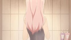 1girls :o animated animated_gif blush breasts clothed clothed_female clothes_grab clothing female female_focus female_only fujiwara_chika gif kaguya-sama_wa_kokurasetai_~tensai-tachi_no_renai_zunousen~ long_hair looking_at_viewer looking_back medium_breasts open_clothes open_mouth pink_hair showering sole_female solo solo_female solo_focus surprised swimsuit water