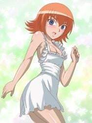 1girl apron bakugan bakugan_(higher_quality_art) bakugan_new_vestroia blue_eyes blush cleavage light_skin medium_breasts medium_hair mira_clay mira_fermin naked_apron orange_hair sfw shiny_skin solo takappe thighs