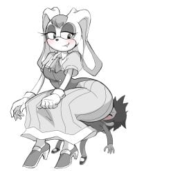 2024 anthro ass big_butt biped blush breasts clothed clothing collared_shirt digital_drawing_(artwork) digital_media_(artwork) dress dress_shirt duo eyelashes facesitting female floppy_ears footwear gloves hair handwear high_heels huge_butt huge_hips human lagomorph leaning leporid lidded_eyes lips looking_at_another looking_back lop_ears male male/female mammal mature_anthro mature_female necktie onomatopoeia partially_colored rabbit sega shirt shoes simple_background sitting sitting_on_another smile smirk sonic_the_hedgehog_(series) sound_effects text three-quarter_view topwear vanilla_the_rabbit white_background wide_hips zeeny