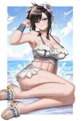 1girls beach bikini bikini_skirt black_hair breasts burnt_green_tea female final_fantasy final_fantasy_vii final_fantasy_vii_rebirth final_fantasy_vii_remake flower frilled_bikini frilled_bikini_top frills hair_flower hair_ornament highres large_breasts microskirt official_alternate_costume official_alternate_hairstyle red_eyes sandals skirt solo swimsuit thighs thong_bikini tifa_lockhart tifa_lockhart_(shining_spirit) toned toned_female water wet white_bikini wristband