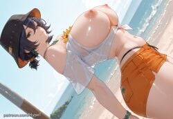 ai_generated alternate_version_at_source arched_back beach beach_background belle_(summer_skies)_(zenless_zone_zero) belle_(zenless_zone_zero) big_breasts bikini breasts breasts_out female hat hypet shiny shiny_skin short_hair tagme thick thick_ass thick_legs thick_thighs thighs video_games wet zenless_zone_zero