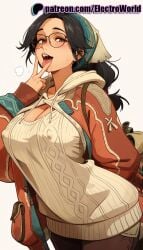 1girls 2025 ai_generated alma_(monster_hunter_wilds) artist_name backpack bag big_breasts big_breasts big_chest black_hair breasts breasts breasts breath bust busty chest electroworld female glasses handbag hi_res high_quality high_resolution highres hood hood_down hooded_coat hoodie large_breasts monster_hunter monster_hunter_wilds patreon patreon_username ribbed_sweater solo stable_diffusion sweater tongue tongue_out watermark