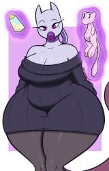 baby_bottle big_breasts breasts dewwydarts dewwydartz female mew_(pokemon) mewtwo pacifier pants plushie pokemon pokemon_(species) purple_eyes simple_background sweater thick_thighs third-party_edit white_body