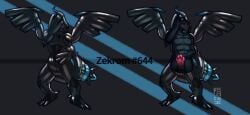 2022 absurd_res black_body claws clothing costume dorsal_fin dorsal_frill dragon ear_fins edging egg_vibrator fin frill_(anatomy) generation_5_pokemon genitals hi_res horn latex latex_clothing latex_skinsuit legendary_pokemon male mythological_creature mythological_scalie mythology negadrake nintendo penis pokemon pokemon_(species) proboscis_(anatomy) red_eyes scalie sex_toy skinsuit spines tight_clothing vibrator wings xestyus zekrom
