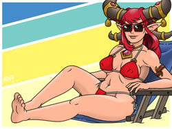 1girls 2018 alexstrasza alternate_costume alternate_version_at_source alternate_version_available armband artist_signature bare_legs bare_midriff bare_shoulders barefoot bathing_suit big_breasts bikini bikini_bottom bikini_top blizzard_entertainment breasts busty clavicle collarbone curvaceous curvy digital_media_(artwork) dragon_girl dragon_horns dragon_queen female female_only forelocks from_side happy heroes_of_the_storm horn_ornament horn_ring jewelry jewelry_between_breasts legs long_hair looking_at_viewer milf naughty_face navel orange_eyes outdoors pointy_ears public queen ragnar_oktopod reclining red_bikini red_hair royalty simple_background slightly_chubby smile solo solo_focus sunglasses thick_thighs thighs video_games voluptuous warcraft world_of_warcraft