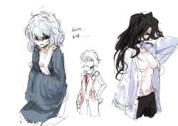 absurdres angry black_hair blue_kimono breasts cleavage collared_shirt crest dual_persona evil_grin evil_smile genderswap_(mtf) grin hair_between_eyes hair_over_one_eye hand_on_own_hip highres huge_breasts japanese_clothes kimono large_breasts long_hair looking_at_viewer michael_roa_valdamjong navel possessed red_eyes rong301718 rule_63 shirt sketch smile sweat tohno_shiki_(2) tsukihime unfinished vampire white_hair white_shirt